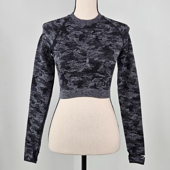 Gymshark Black Gray Camo Long Sleeve Athletic Performance Crop Top | Women's XS - Picture 1 of 15